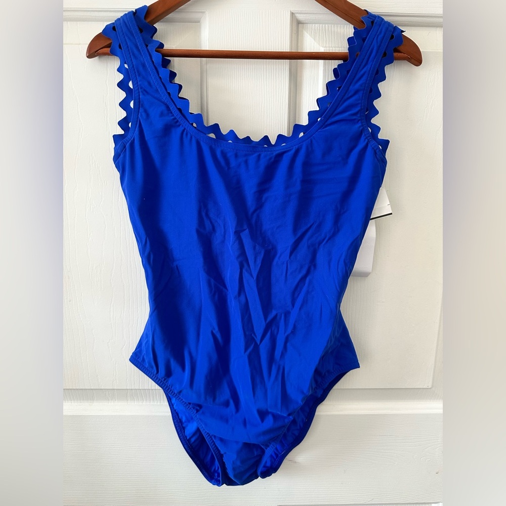 NWT Karla Colletto Reina round neck Azure Blue One-Piece Swimsuit women’s siz 14